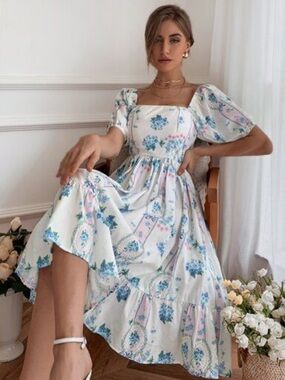 ✨M✨ Zara White Midi Dress with Blue and Pink Floral Print